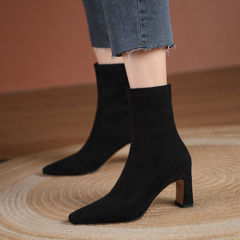 Square Toe Chunky Heel Elastic Slim Ankle Boots for Women - Stylish Spring Autumn High-Heeled Sock Boots