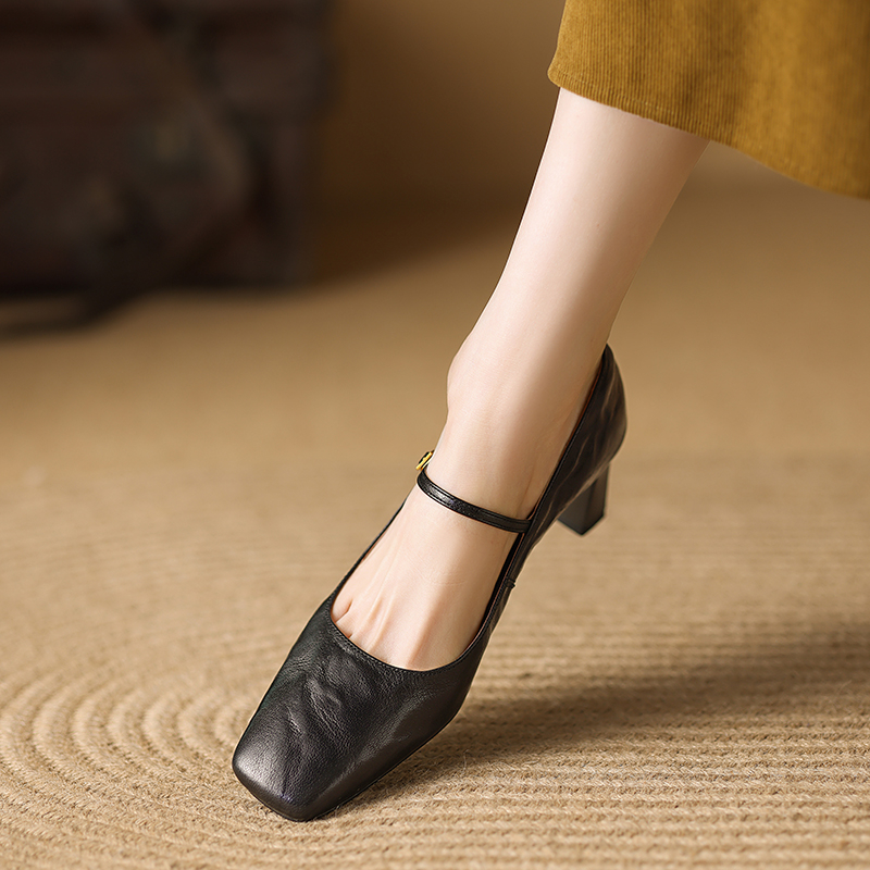 Square-Toe Chunky Heeled Mary Jane Shoes for Women - Niche French Style, Genuine Leather, Wide Strap, Shallow Mouth Design