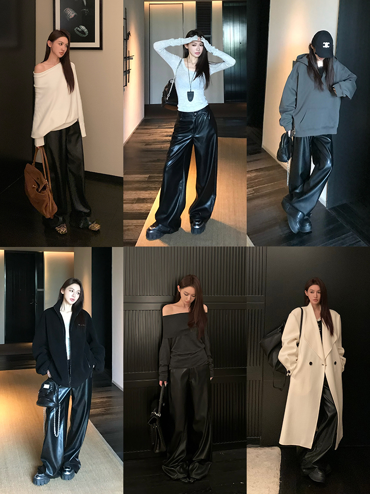 Straight Slim Black PU Leather Pants - Loose Fit Wide Leg Casual Trousers for Spring - 90s Inspired Street Style Straight Slim Black PU Leather Pants - Loose Fit Wide Leg Casual Trousers for Spring - 90s Inspired Street Style