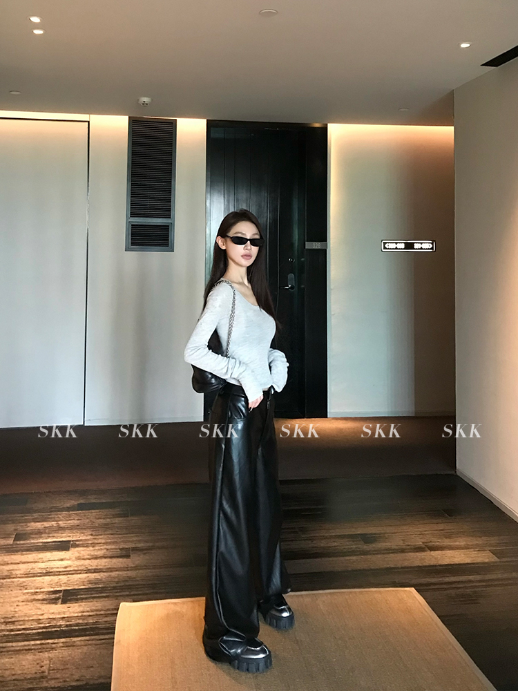 Straight Slim Black PU Leather Pants - Loose Fit Wide Leg Casual Trousers for Spring - 90s Inspired Street Style