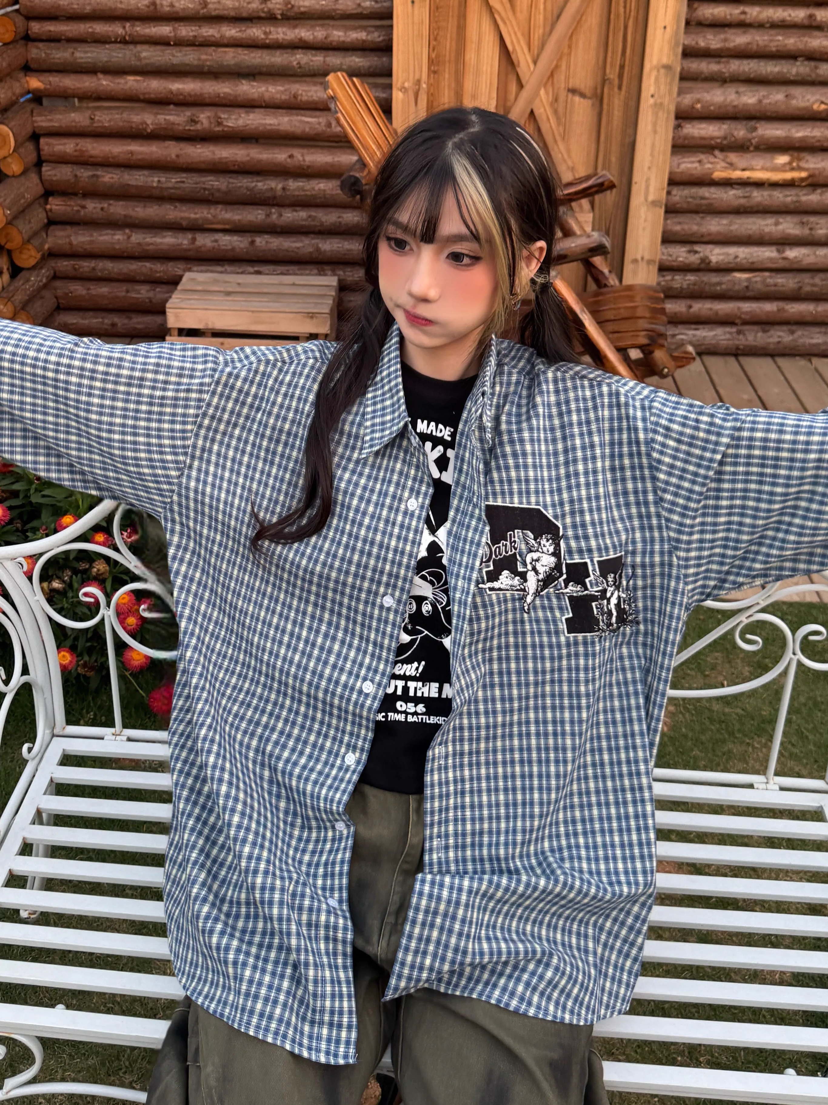 Striped Checkered Long Sleeve Shirt with Letter Embroidery - Unisex Loose Fit Spring Summer Jacket Striped Checkered Long Sleeve Shirt with Letter Embroidery - Unisex Loose Fit Spring Summer Jacket