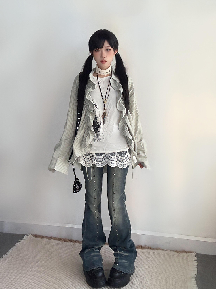 Striped Drawstring Pleated Long Sleeve Shirt - Casual Versatile Slimming Top for Women - Eccentric American Style Striped Drawstring Pleated Long Sleeve Shirt - Casual Versatile Slimming Top for Women - Eccentric American Style