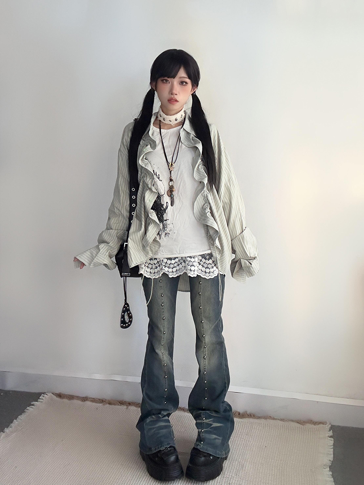 Striped Drawstring Pleated Long Sleeve Shirt - Casual Versatile Slimming Top for Women - Eccentric American Style Striped Drawstring Pleated Long Sleeve Shirt - Casual Versatile Slimming Top for Women - Eccentric American Style