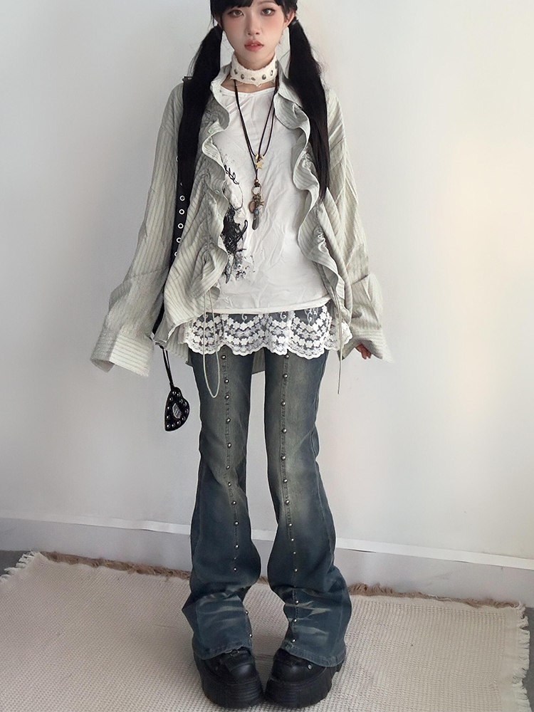 Striped Drawstring Pleated Long Sleeve Shirt - Casual Versatile Slimming Top for Women - Eccentric American Style Striped Drawstring Pleated Long Sleeve Shirt - Casual Versatile Slimming Top for Women - Eccentric American Style