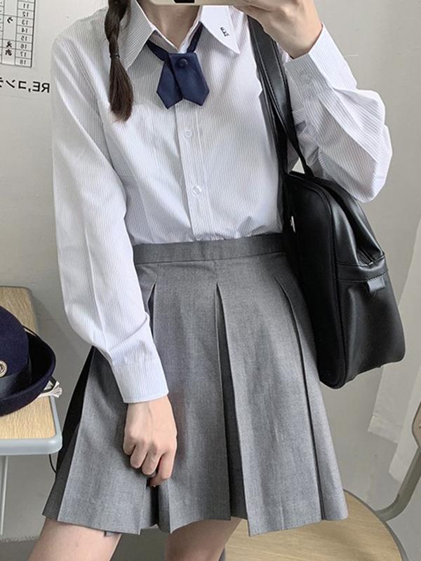 Striped Embroidered Long Sleeve Shirt for Women - Japanese Style JK Uniform, Cute Pudding Bear Design, College Fashion Trend Striped Embroidered Long Sleeve Shirt for Women - Japanese Style JK Uniform, Cute Pudding Bear Design, College Fashion Trend