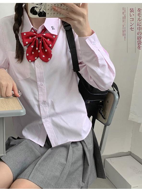 Striped Embroidered Long Sleeve Shirt for Women - Japanese Style JK Uniform, Cute Pudding Bear Design, College Fashion Trend Striped Embroidered Long Sleeve Shirt for Women - Japanese Style JK Uniform, Cute Pudding Bear Design, College Fashion Trend