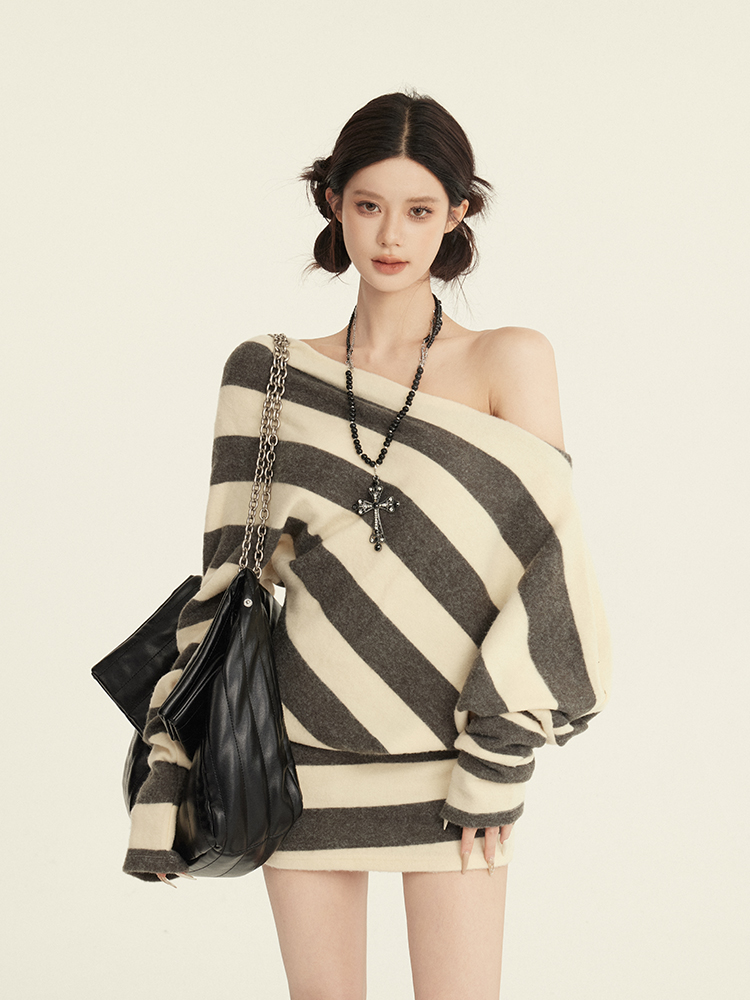 Striped Knitted Off-Shoulder Bodycon Dress - Irregular Two-Way Wear Long Sleeve for Autumn Winter - Y2K Style Fashion