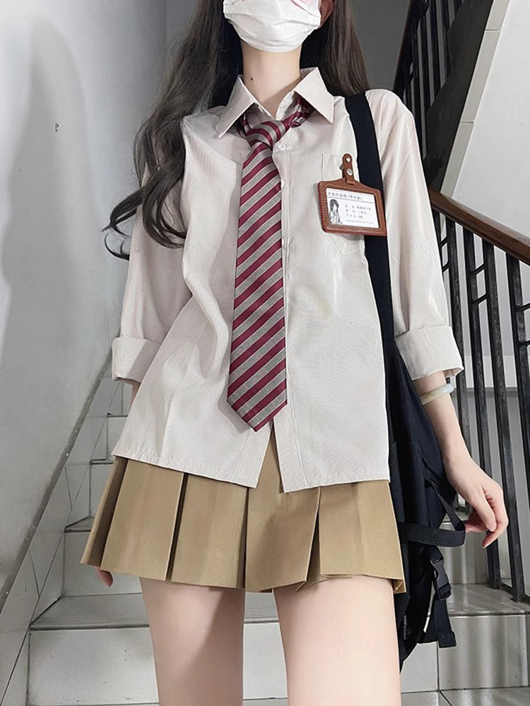 Striped Long Sleeve JK Shirt for Women – Blue Niche Uniform Outfit, Cute Pudding Bear Design, Perfect for Autumn Fashion