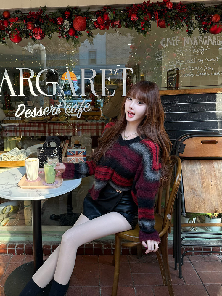 Striped Long Sleeve Knitted Sweater for Women - V-Neck Spring Autumn Top, Stylish Outerwear, Perfect for New Year and Casual Wear Striped Long Sleeve Knitted Sweater for Women - V-Neck Spring Autumn Top, Stylish Outerwear, Perfect for New Year and Casual Wear