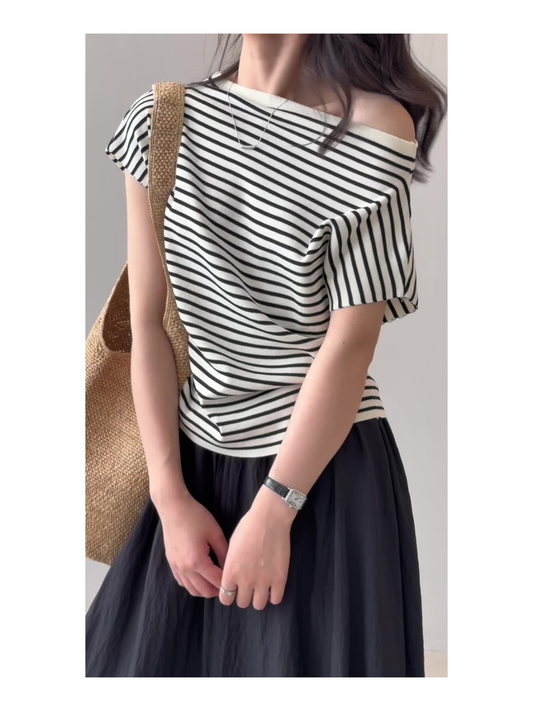 Striped Off-Shoulder Short Sleeve T-Shirt for Women - Slim Fit, Waist-Cinching, Flattering American Style Top for Summer 2025