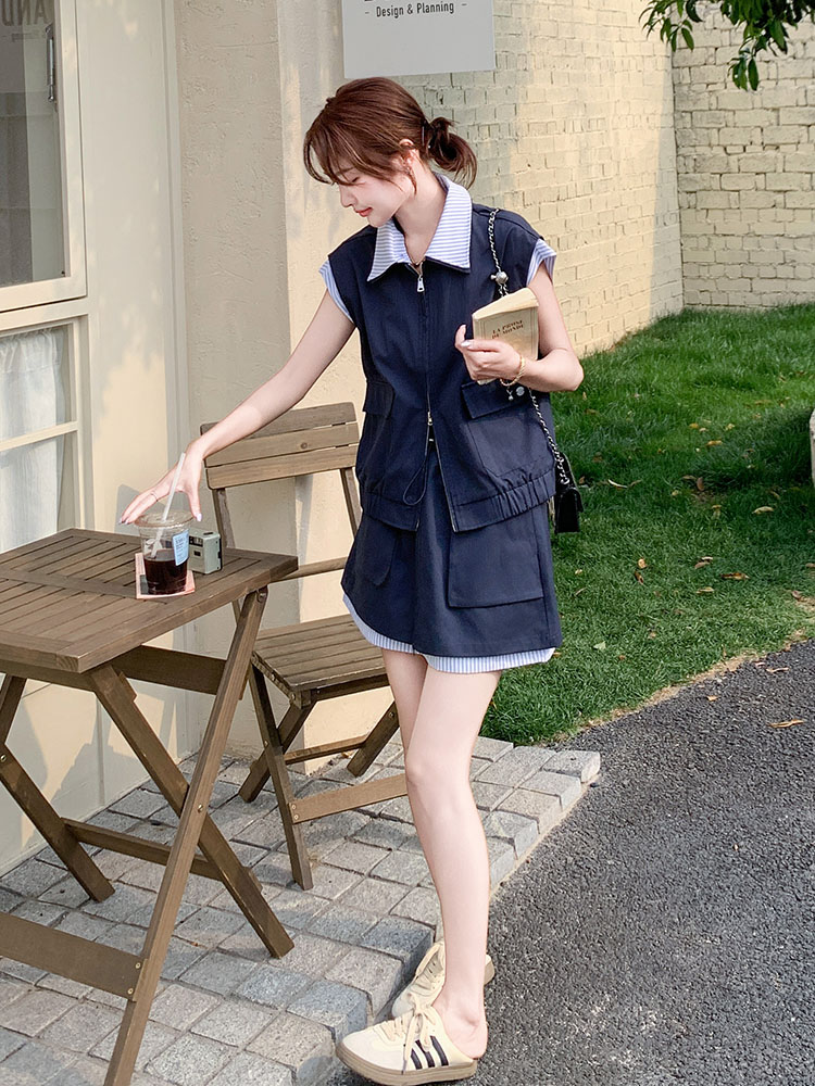 Striped Spliced Workwear Lapel Vest and Skirt Set for Women - 2025 Summer College Style Two-Piece Outfit Striped Spliced Workwear Lapel Vest and Skirt Set for Women - 2025 Summer College Style Two-Piece Outfit