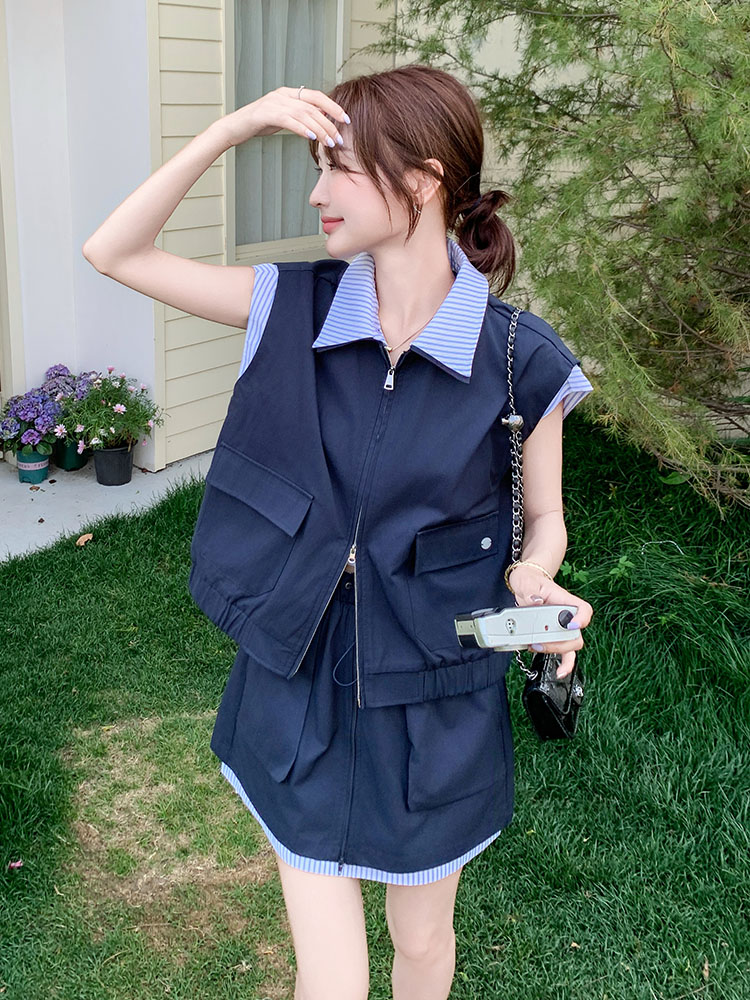 Striped Spliced Workwear Lapel Vest and Skirt Set for Women - 2025 Summer College Style Two-Piece Outfit Striped Spliced Workwear Lapel Vest and Skirt Set for Women - 2025 Summer College Style Two-Piece Outfit