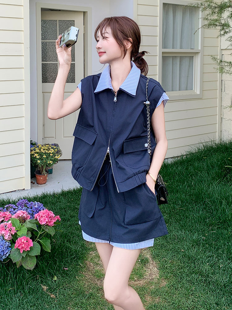 Striped Spliced Workwear Lapel Vest and Skirt Set for Women - 2025 Summer College Style Two-Piece Outfit Striped Spliced Workwear Lapel Vest and Skirt Set for Women - 2025 Summer College Style Two-Piece Outfit