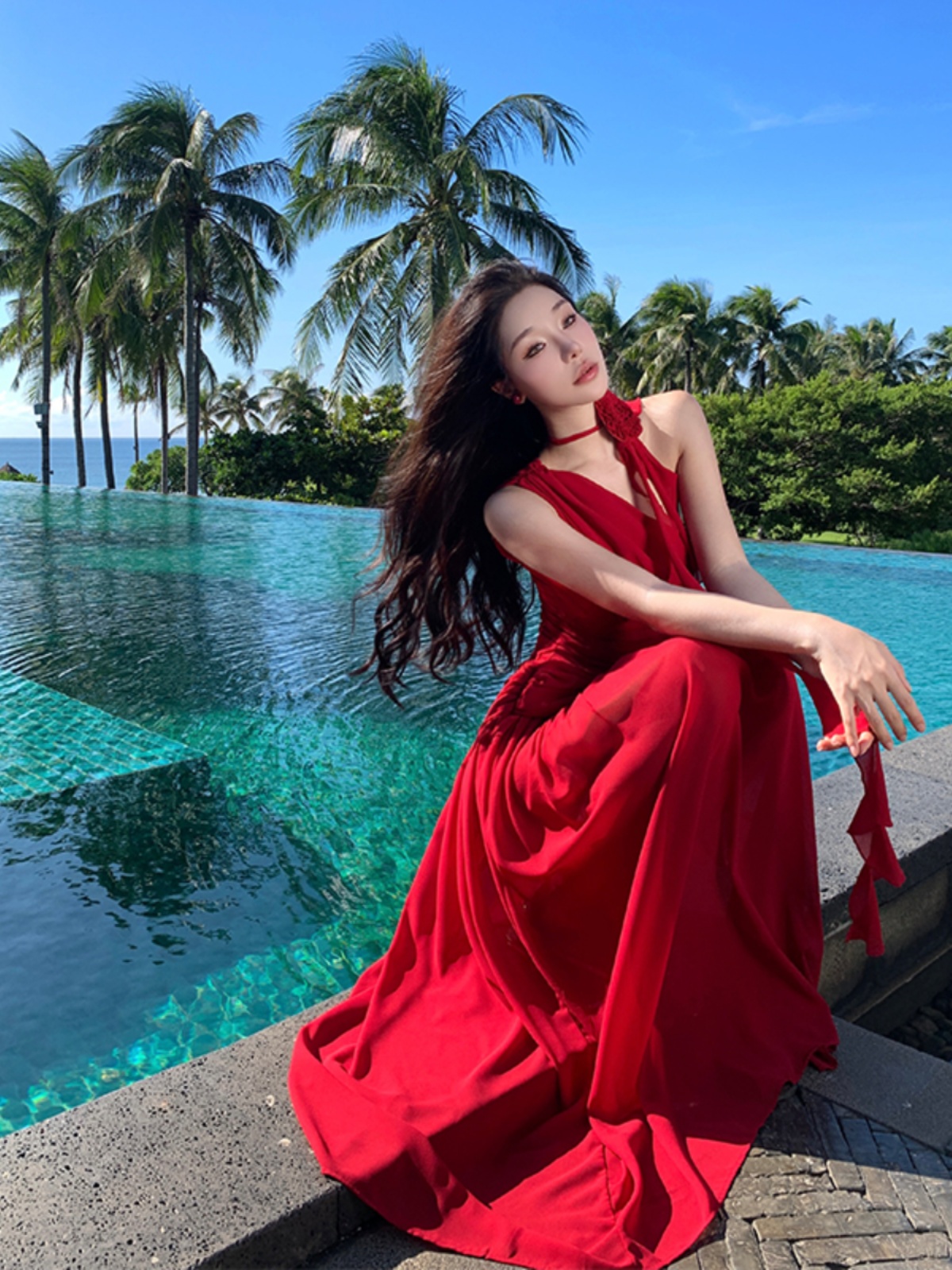 Stunning Red Ankle-Length Chiffon One-Shoulder Dress with Draped Design for High-End Summer Beach Vacation Style Stunning Red Ankle-Length Chiffon One-Shoulder Dress with Draped Design for High-End Summer Beach Vacation Style