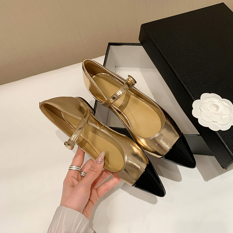Stylish Black and Gold Color-Blocking One-Strap Pointed Toe Mary Jane Flats for Women – Luxe Genuine Leather Comfort Shoes
