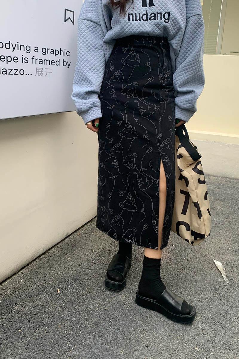 Stylish Work Outfits, Outfit Summer Ideas Abstract Faces Denim Midi Skirt Stylish Work Outfits, Outfit Summer Ideas Abstract Faces Denim Midi Skirt