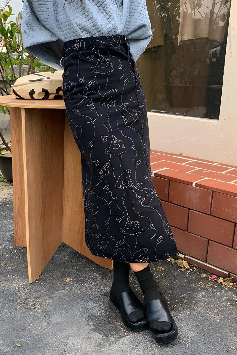 Stylish Work Outfits, Outfit Summer Ideas Abstract Faces Denim Midi Skirt