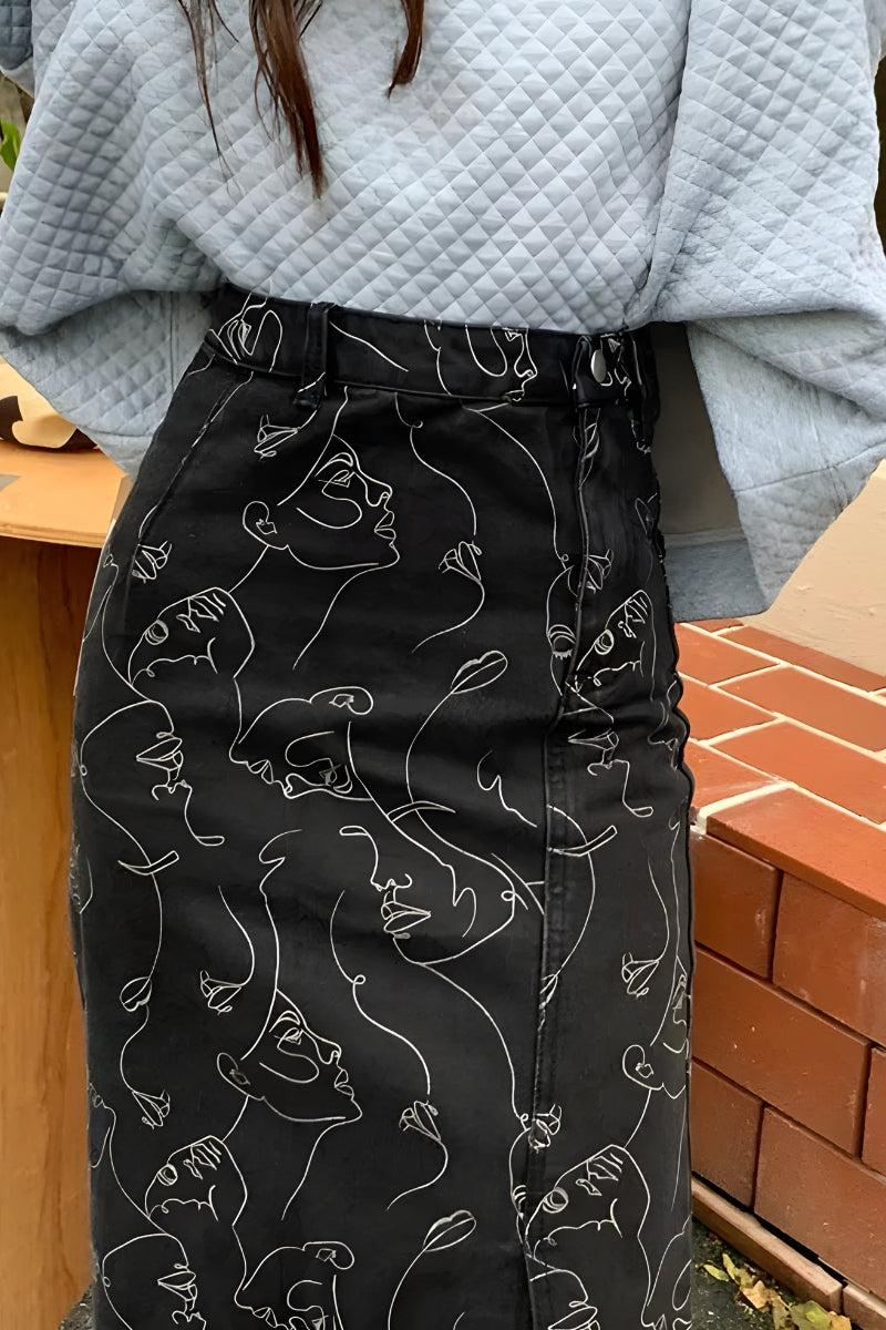 Stylish Work Outfits, Outfit Summer Ideas Abstract Faces Denim Midi Skirt
