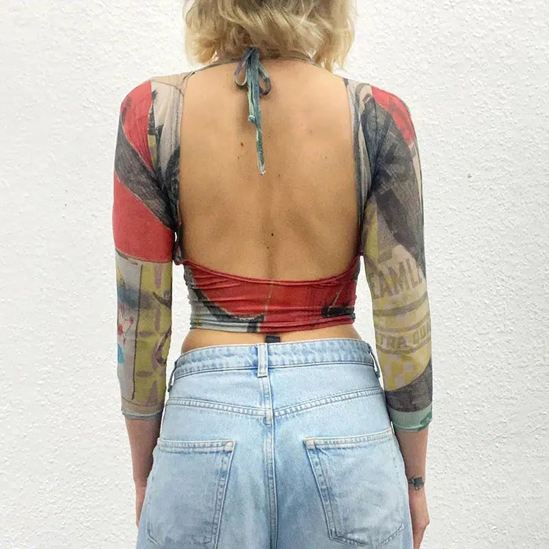 Stylish Work Outfits, Outfit Summer Ideas Abstract Woman Backless Crop Top Stylish Work Outfits, Outfit Summer Ideas Abstract Woman Backless Crop Top