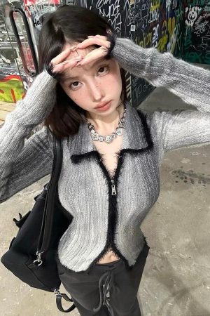 Stylish Work Outfits, Outfit Summer Ideas Acubi Fluffy Double Zip-Up Cardigan