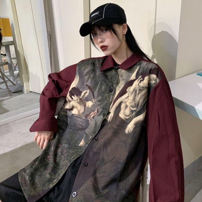 Stylish Work Outfits, Outfit Summer Ideas Angel Print Long Sleeve Shirt Stylish Work Outfits, Outfit Summer Ideas Angel Print Long Sleeve Shirt