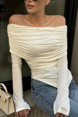 Stylish Work Outfits, Outfit Summer Ideas Asymmetric Ruched Off Shoulder Top