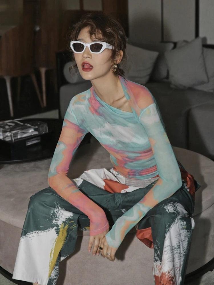 Stylish Work Outfits, Outfit Summer Ideas Asymmetric Tie Dye Mesh Top