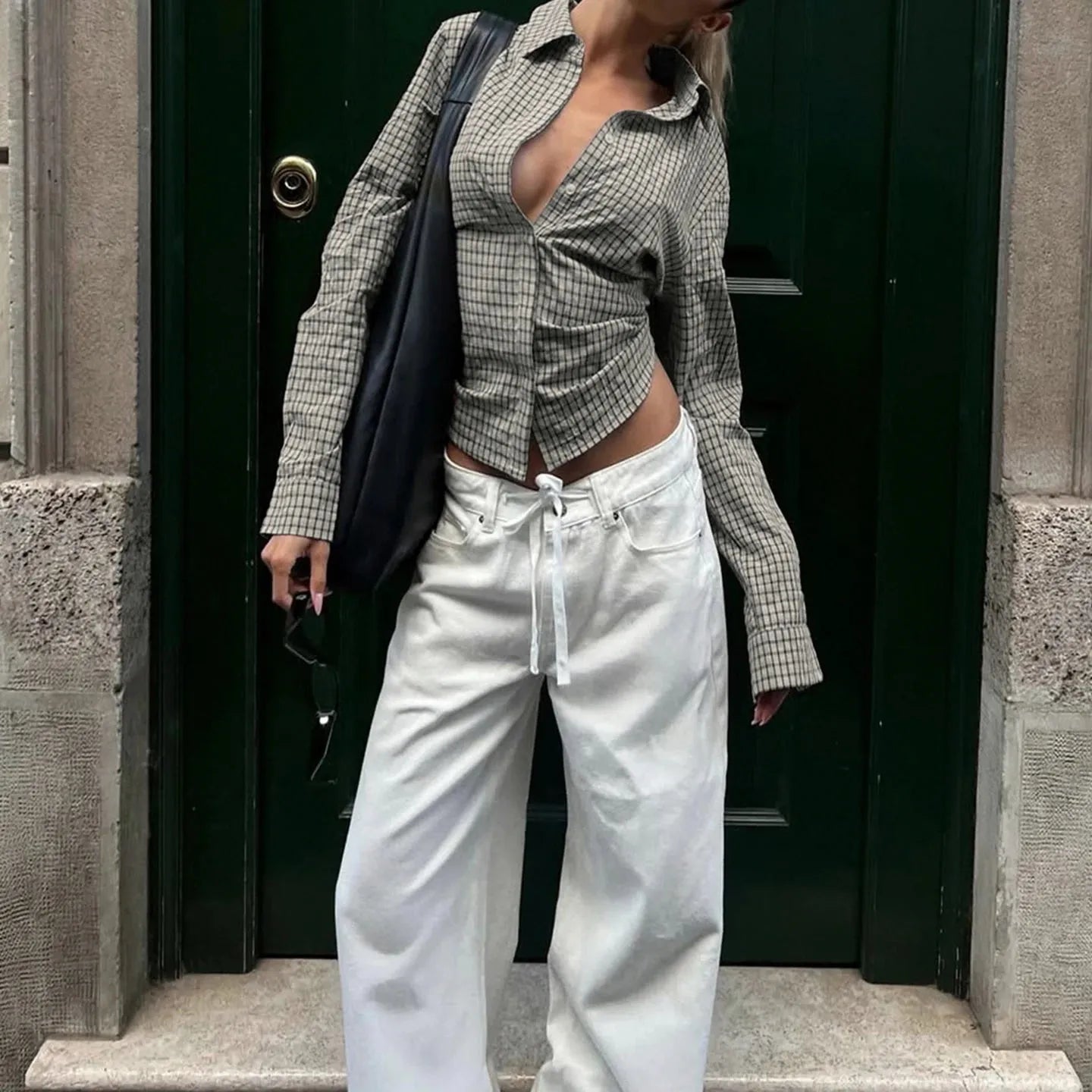 Stylish Work Outfits, Outfit Summer Ideas Back Tie Plaid Shirt Stylish Work Outfits, Outfit Summer Ideas Back Tie Plaid Shirt