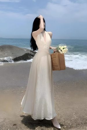 Stylish Work Outfits, Outfit Summer Ideas Backless Halter Neck Maxi Dress