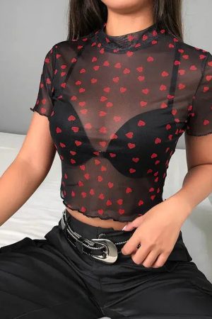 Stylish Work Outfits, Outfit Summer Ideas Baddie Heart Mesh Crop Top