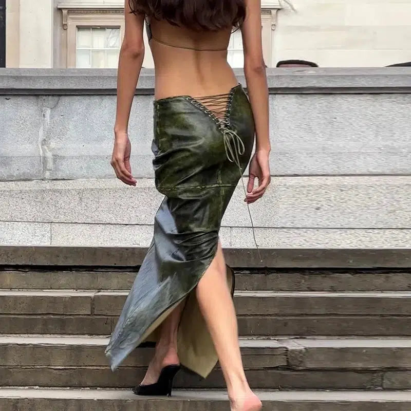 Stylish Work Outfits, Outfit Summer Ideas Baddie Leaf Lace Up Split Maxi Skirt Stylish Work Outfits, Outfit Summer Ideas Baddie Leaf Lace Up Split Maxi Skirt