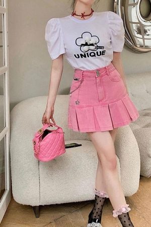 Stylish Work Outfits, Outfit Summer Ideas Barbie Pleated Denim Mini Skirt
