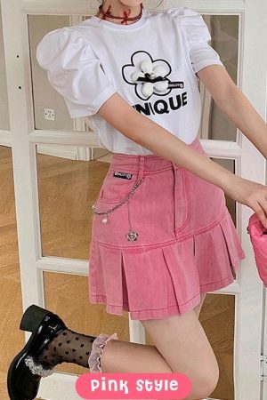 Stylish Work Outfits, Outfit Summer Ideas Barbie Pleated Denim Mini Skirt