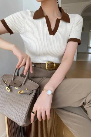 Stylish Work Outfits, Outfit Summer Ideas Basic Corduroy Polo Top