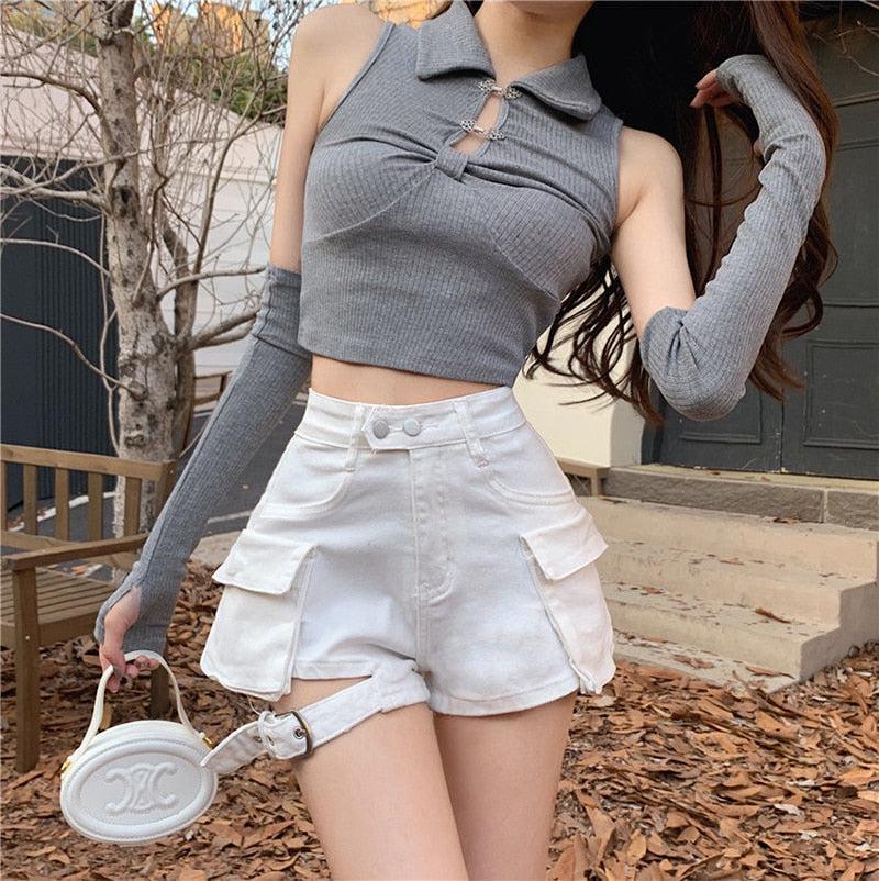 Stylish Work Outfits, Outfit Summer Ideas Belt Detail Cargo Denim Shorts