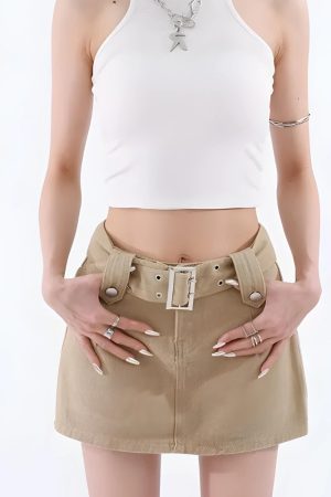 Stylish Work Outfits, Outfit Summer Ideas Belted Denim Mini Skirt