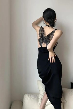 Stylish Work Outfits, Outfit Summer Ideas Black Butterfly Back Midi Dress