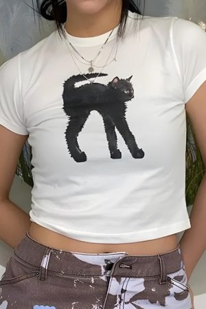 Stylish Work Outfits, Outfit Summer Ideas Black Cat Crop Tee