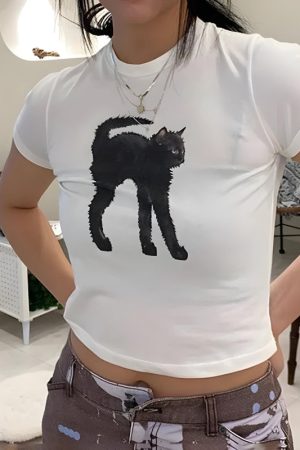 Stylish Work Outfits, Outfit Summer Ideas Black Cat Crop Tee