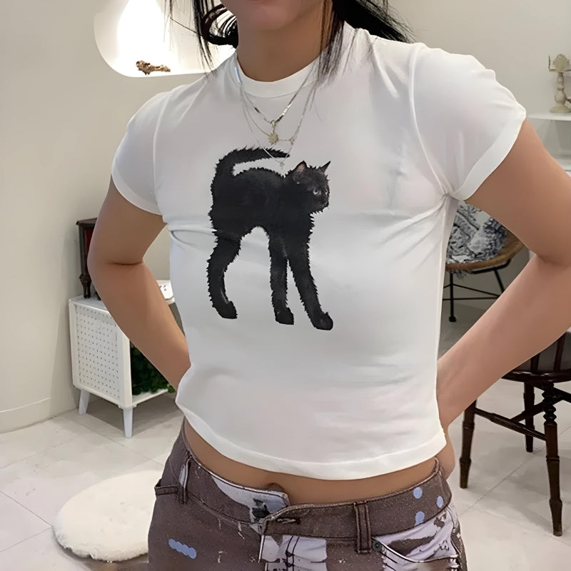 Stylish Work Outfits, Outfit Summer Ideas Black Cat Crop Tee Stylish Work Outfits, Outfit Summer Ideas Black Cat Crop Tee