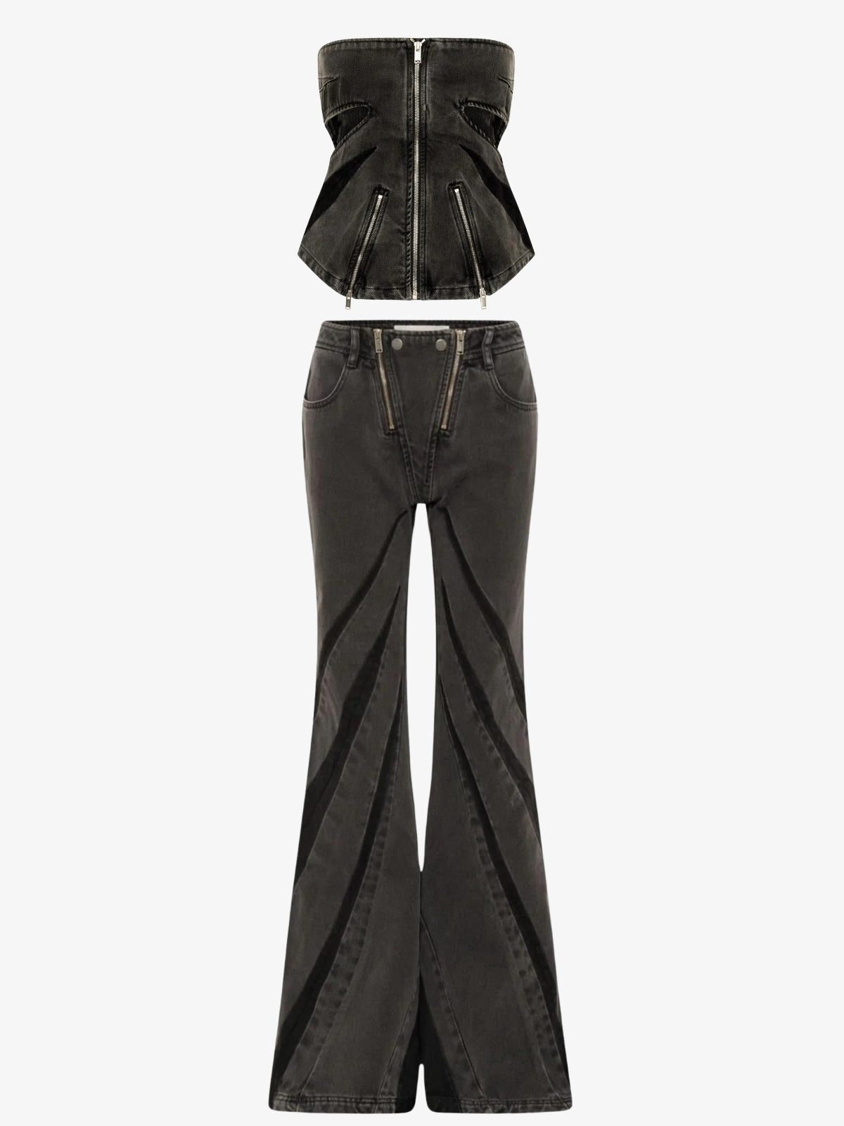 Stylish Work Outfits, Outfit Summer Ideas Black Denim Tube Top & Patch Jeans Two Piece Set Stylish Work Outfits, Outfit Summer Ideas Black Denim Tube Top & Patch Jeans Two Piece Set