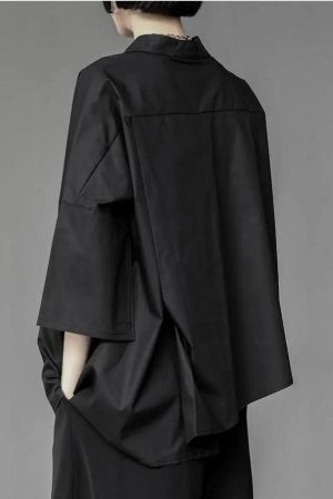 Stylish Work Outfits, Outfit Summer Ideas Black Korean Asymmetric Shirt