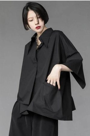 Stylish Work Outfits, Outfit Summer Ideas Black Korean Asymmetric Shirt