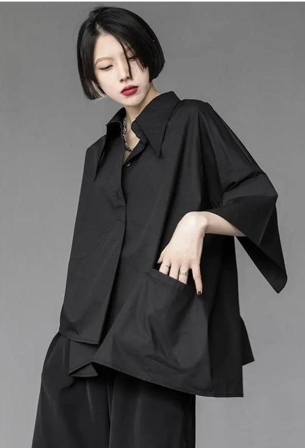 Stylish Work Outfits, Outfit Summer Ideas Black Korean Asymmetric Shirt Stylish Work Outfits, Outfit Summer Ideas Black Korean Asymmetric Shirt