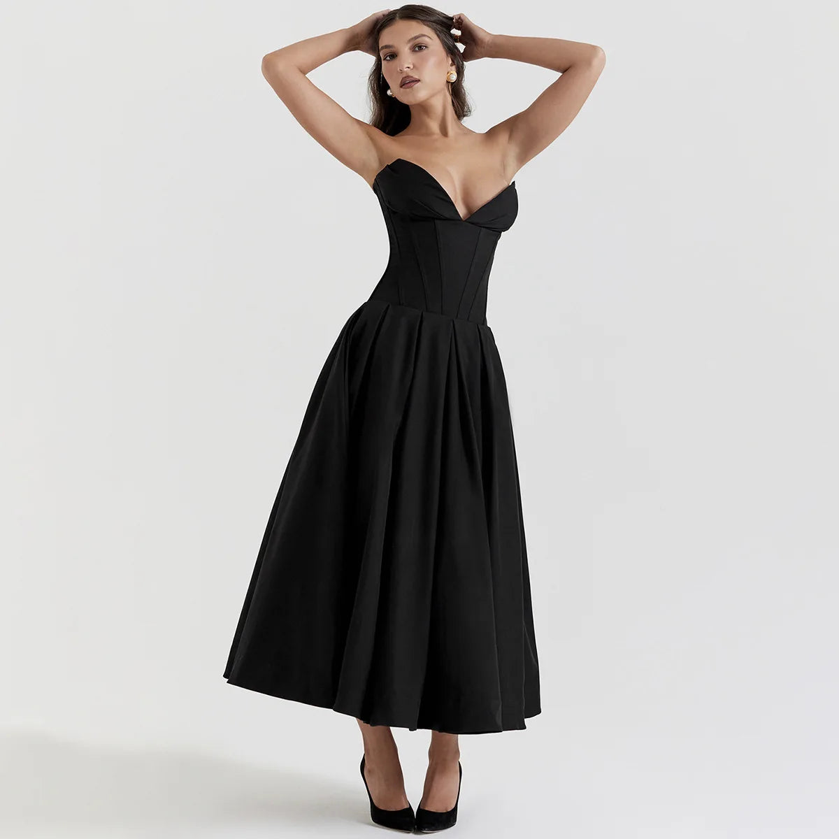Stylish Work Outfits, Outfit Summer Ideas Black Plunge Corset Midi Dress