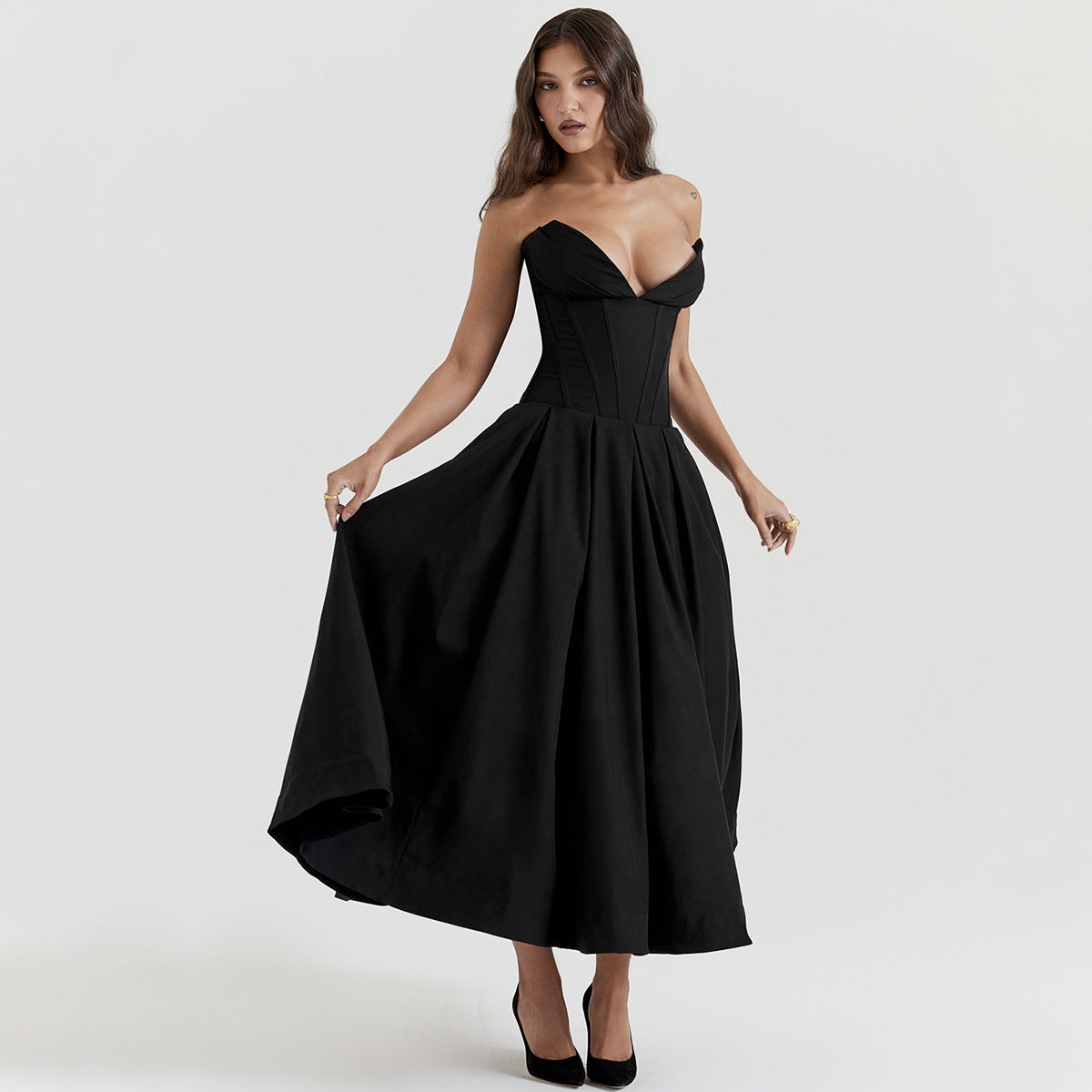 Stylish Work Outfits, Outfit Summer Ideas Black Plunge Corset Midi Dress Stylish Work Outfits, Outfit Summer Ideas Black Plunge Corset Midi Dress