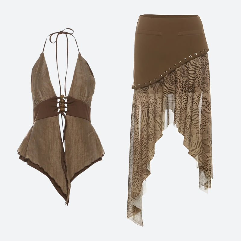 Stylish Work Outfits, Outfit Summer Ideas Boho Asymmetric Top & Leopard Midi Skirt Two Piece Set Stylish Work Outfits, Outfit Summer Ideas Boho Asymmetric Top & Leopard Midi Skirt Two Piece Set