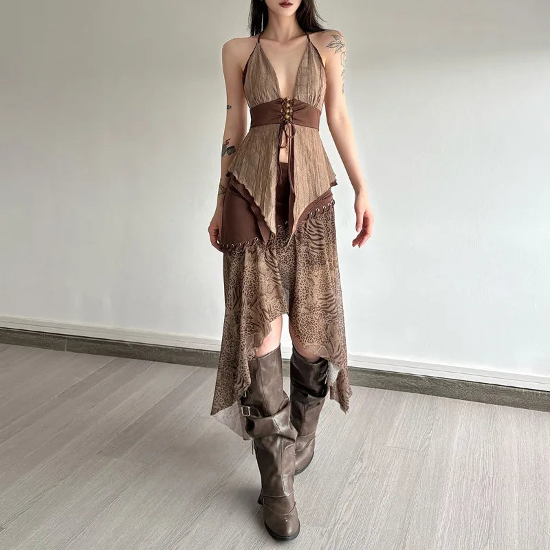 Stylish Work Outfits, Outfit Summer Ideas Boho Asymmetric Top & Leopard Midi Skirt Two Piece Set