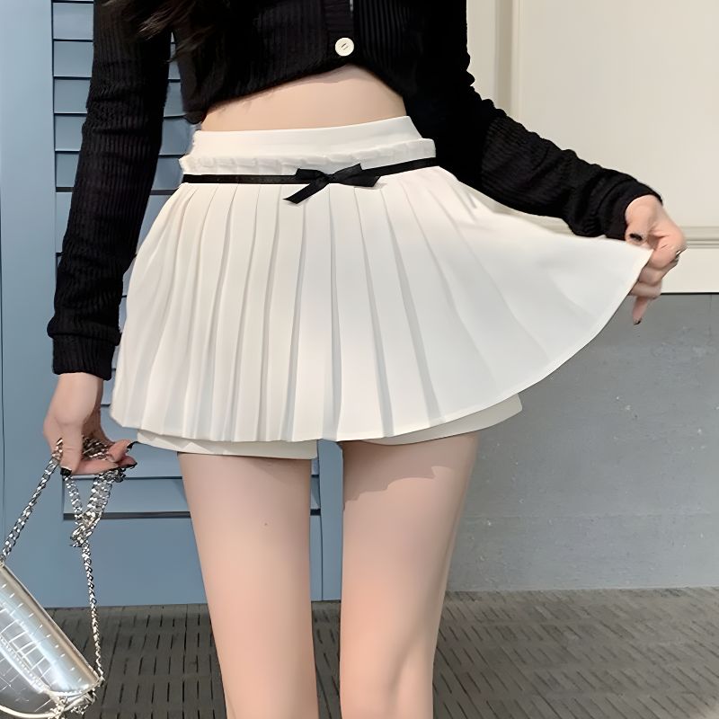 Stylish Work Outfits, Outfit Summer Ideas Bow Belt Pleated Mini Skort