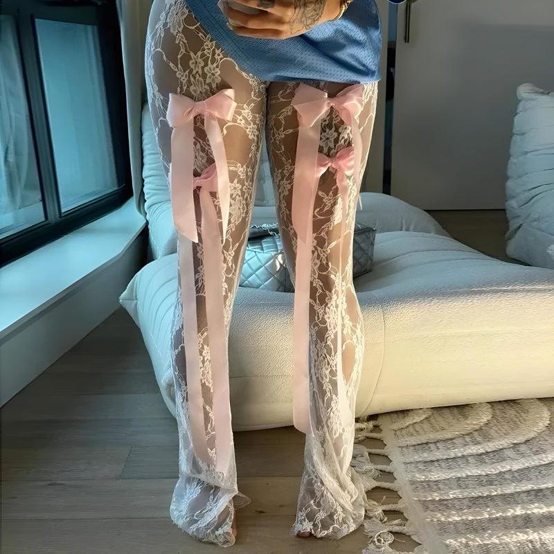 Stylish Work Outfits, Outfit Summer Ideas Bow Transparent Lace Flare Pants Stylish Work Outfits, Outfit Summer Ideas Bow Transparent Lace Flare Pants